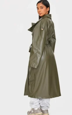 Petite Khaki Faux Leather Belted Trench Coat