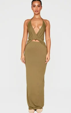 Petite Khaki Halterneck Twist Detail Maxi Dress