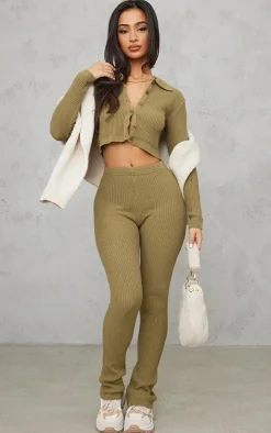 Petite Khaki Knitted Rib High Waisted Skinny Flare Pants
