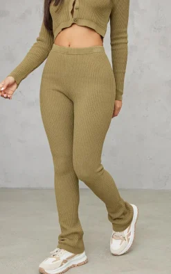 Petite Khaki Knitted Rib High Waisted Skinny Flare Pants