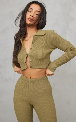Petite Khaki Knitted Rib High Waisted Skinny Flare Pants