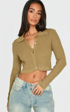 Petite Khaki Knitted Rib Cropped Cardigan