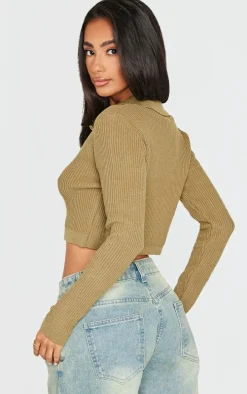 Petite Khaki Knitted Rib Cropped Cardigan