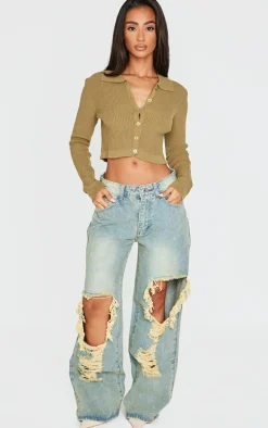 Petite Khaki Knitted Rib Cropped Cardigan