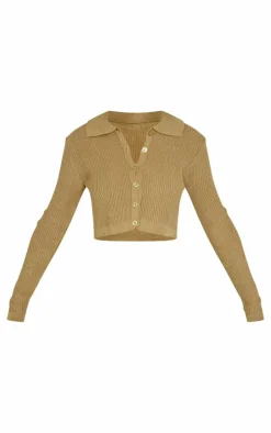 Petite Khaki Knitted Rib Cropped Cardigan