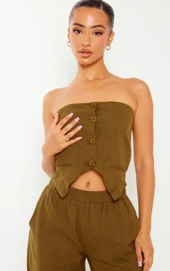 Petite Khaki Linen Look Bandeau Button Long Top
