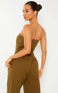 Petite Khaki Linen Look Bandeau Button Long Top