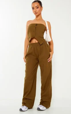 Petite Khaki Linen Look Bandeau Button Long Top