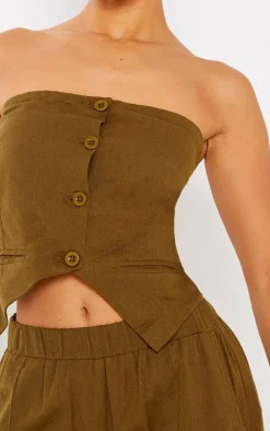 Petite Khaki Linen Look Bandeau Button Long Top