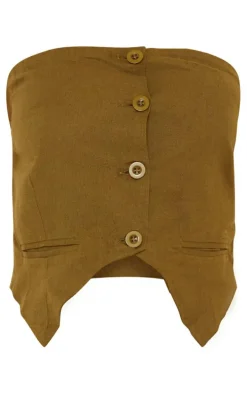 Petite Khaki Linen Look Bandeau Button Long Top