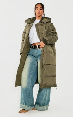 Petite Khaki Long Puffer Coat