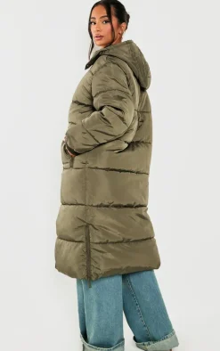 Petite Khaki Long Puffer Coat