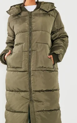 Petite Khaki Long Puffer Coat