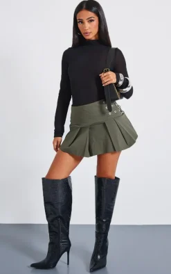 Petite Khaki Micro Mini Stretch Woven Pleated Skirt