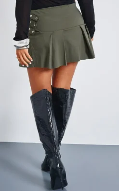 Petite Khaki Micro Mini Stretch Woven Pleated Skirt