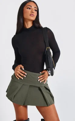 Petite Khaki Micro Mini Stretch Woven Pleated Skirt