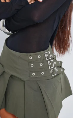 Petite Khaki Micro Mini Stretch Woven Pleated Skirt