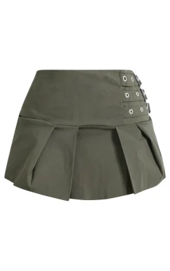 Petite Khaki Micro Mini Stretch Woven Pleated Skirt