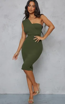 Petite Khaki One Shoulder Drape Midi Dress