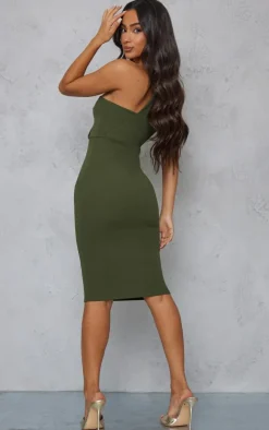 Petite Khaki One Shoulder Drape Midi Dress
