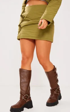 Petite Khaki Quilted Button Front Mini Skirt