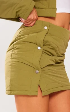 Petite Khaki Quilted Button Front Mini Skirt