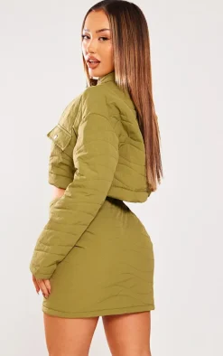 Petite Khaki Quilted Long Sleeve Cropped Jacket