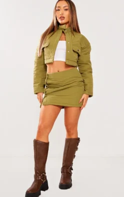 Petite Khaki Quilted Long Sleeve Cropped Jacket