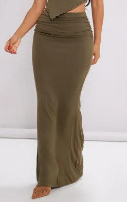 Petite Khaki Ruched Maxi Skirt