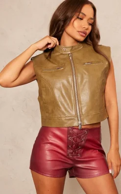 Petite Khaki Sleeveless Collared Faux Leather Vest