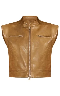 Petite Khaki Sleeveless Collared Faux Leather Vest