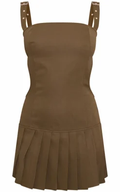 Petite Khaki Strappy Cut Out Back Pleated Mini Dress