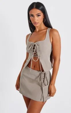 Petite Khaki Woven Lace Up Mini Skirt