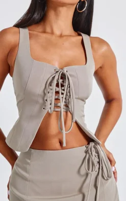 Petite Khaki Woven Lace Up Corset