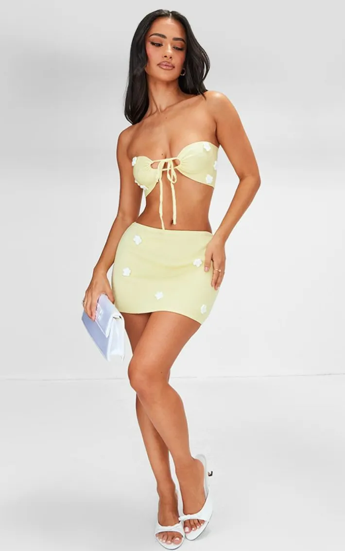 Petite Lemon Knitted Micro Mini Skirt With Flower Details