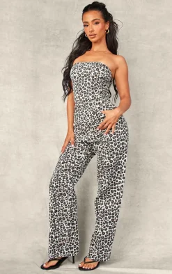 Petite Leopard Print Bandeau Denim Jumpsuit