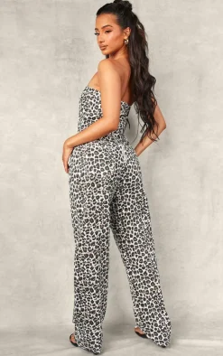 Petite Leopard Print Bandeau Denim Jumpsuit