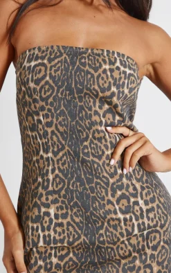 Petite Leopard Print Bandeau Denim Mini Dress
