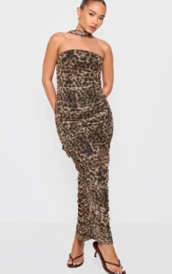 Petite Leopard Print Bandeau Maxi Dress With Scarf Detail