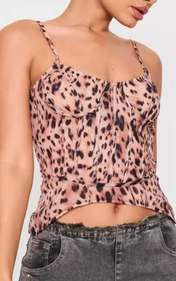 Petite Leopard Print Corset Detail Strappy Chiffon Top