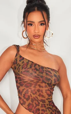 Petite Leopard Print Crushed Mesh One Shoulder Top