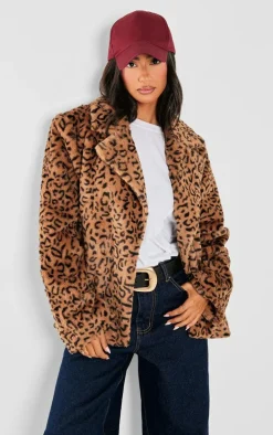 Petite Leopard Print Faux Fur Longline Jacket