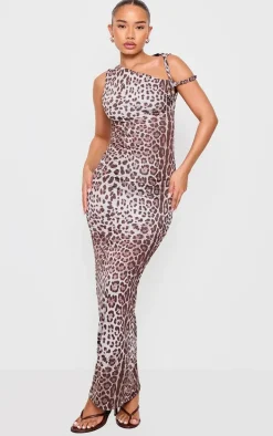 Petite Leopard Print Slinky Twist Shoulder Maxi Dress
