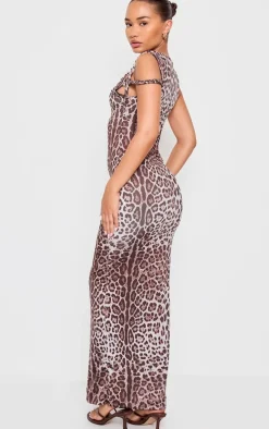 Petite Leopard Print Slinky Twist Shoulder Maxi Dress