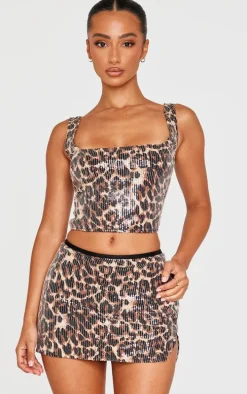 Petite Leopard Print Square Neck Sequin Crop Top