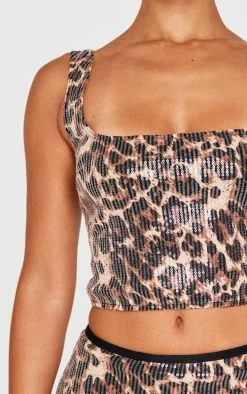 Petite Leopard Print Square Neck Sequin Crop Top