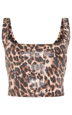 Petite Leopard Print Square Neck Sequin Crop Top