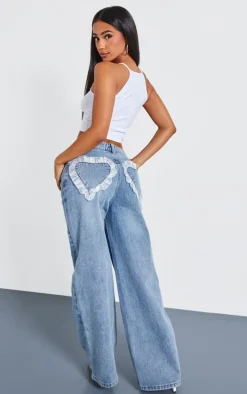Petite Light Blue Chiffon Heart Pocket Detail Wide Leg Jeans