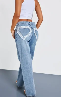 Petite Light Blue Chiffon Heart Pocket Detail Wide Leg Jeans