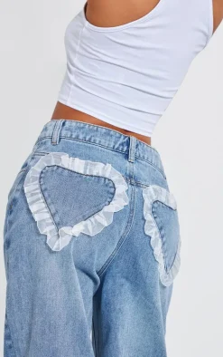 Petite Light Blue Chiffon Heart Pocket Detail Wide Leg Jeans